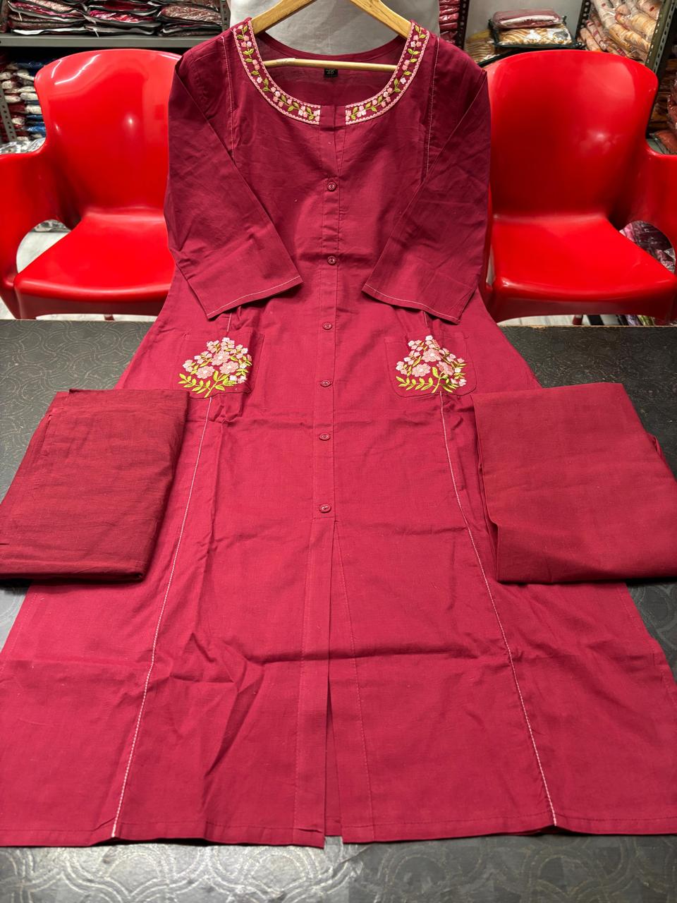 Kaavya – Elegant Flair Straight Kurta Set | Cotton Pant & Malmal Dupatta | Premium Embroidered Suit Set