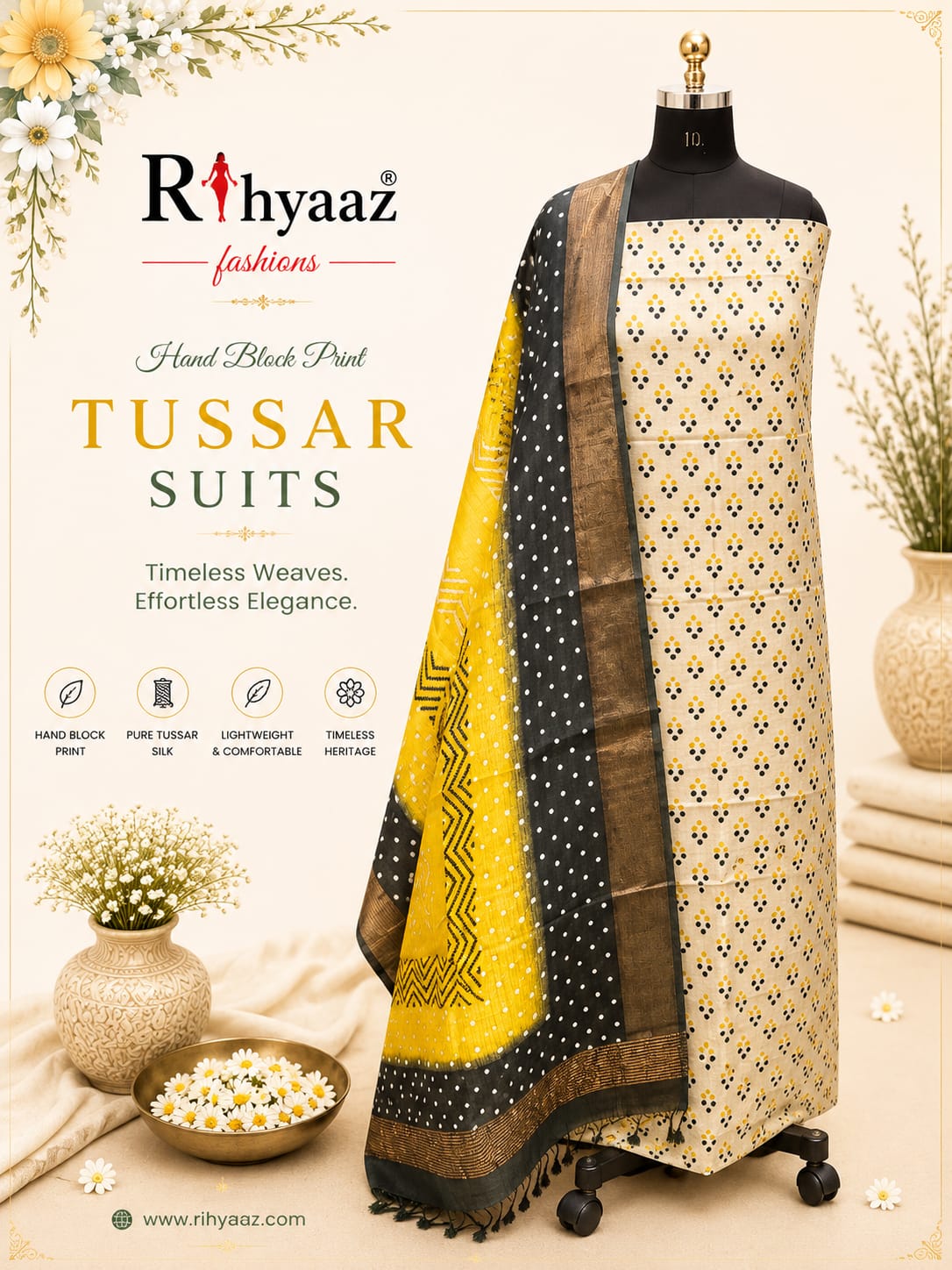 Shringar Handblock Printed Tussar Suit with Zari Border Dupatta