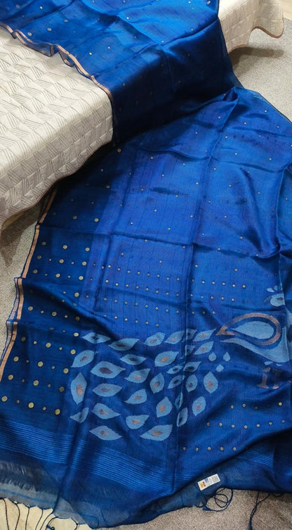 Keka premium Resham Silk Jamdani saree with handwoven needle Jamdani work, metal gini embellishments, peacock motif pallu, thin zari border, and running blouse piece.