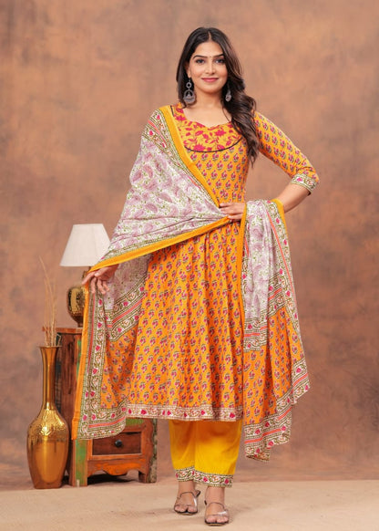 A-Line Anarkali Kurti Pant Set With Dupatta - Bagru Hand Block Printed | Pure Cotton Fabric | Customisable Sizes