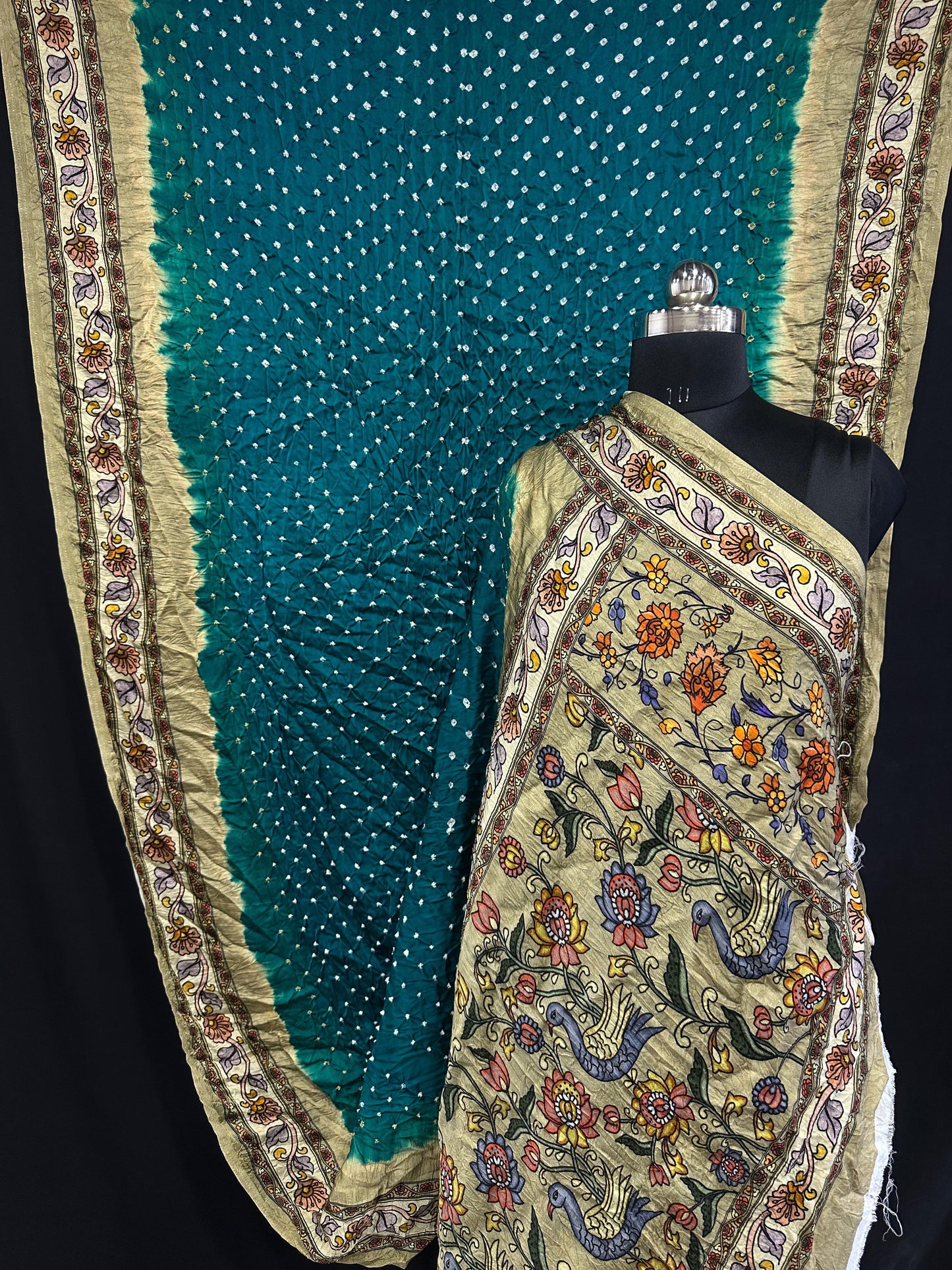 Pure Modal Silk Bandhani Saree – Kalamkari x Bandhani Fusion | Natural Block Prints