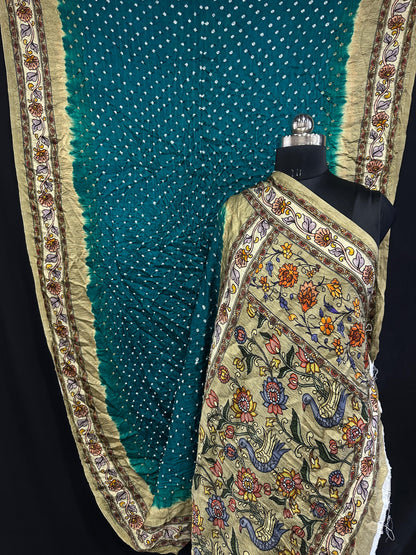 Pure Modal Silk Bandhani Saree – Kalamkari x Bandhani Fusion | Natural Block Prints