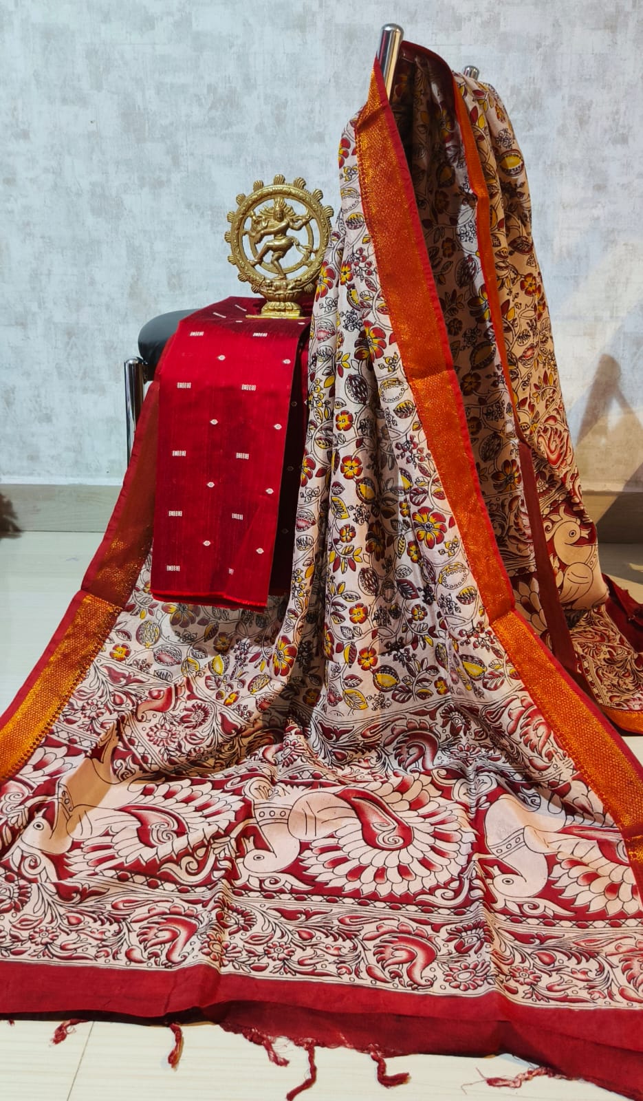 Ikkat Raw Silk Unstitched Dress Material with Kalamkari Dupatta