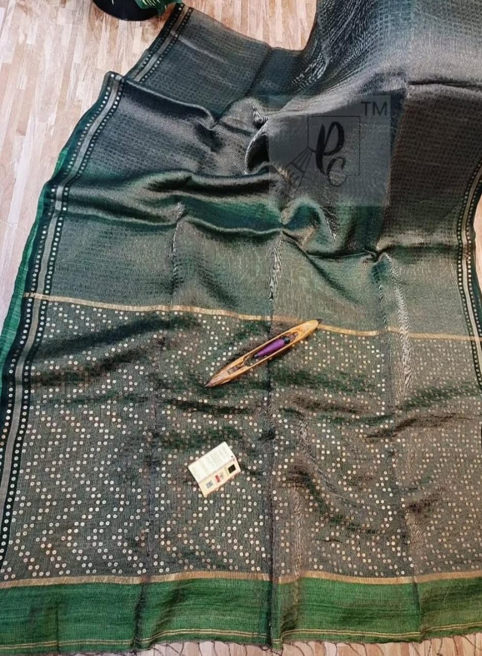 Shama Pure Resham festive saree with dual silver and golden zari stripes, sequin work on palla and border, paired with Pure Matka blouse piece by Rihyaaz.