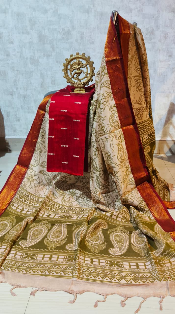 Ikkat Raw Silk Unstitched Dress Material with Kalamkari Dupatta