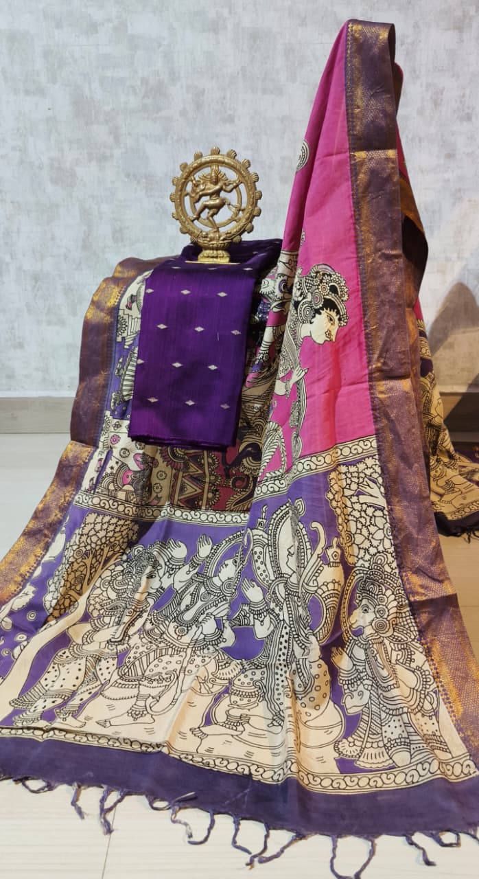 Ikkat Raw Silk Unstitched Dress Material with Kalamkari Dupatta