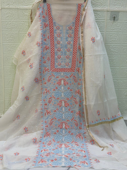 Fabric Mul Mul Chanderi Suit Set – Kurta & Dupatta | Chikan Fine Work | Colour Thread Embroidery | Pearl & Cuttdhana Detailing | Dyeable Fabric