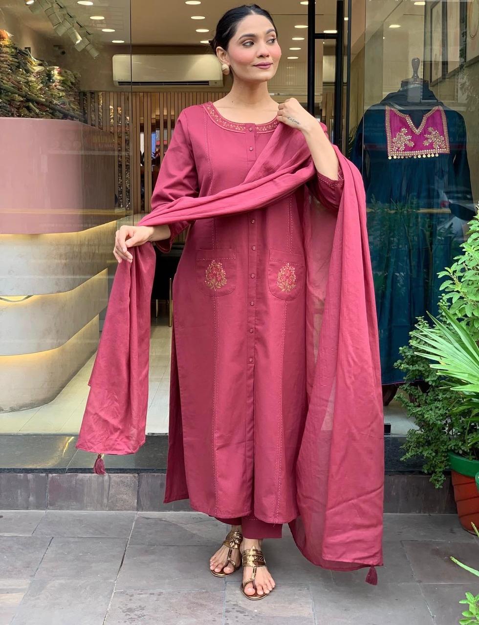 Kaavya – Elegant Flair Straight Kurta Set | Cotton Pant & Malmal Dupatta | Premium Embroidered Suit Set