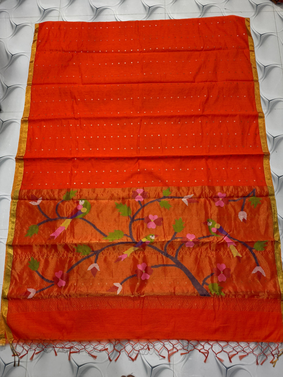 Tehni orange sequin weaved Muslin Paithani saree by Rihyaaz, elegant traditional festive saree with intricate Paithani weaving and allover weaved sequin detailing.