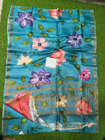 Pure Handloom Tussar Silk – Digital Print & Hand-Painted Saree (Silk Mark Certified)