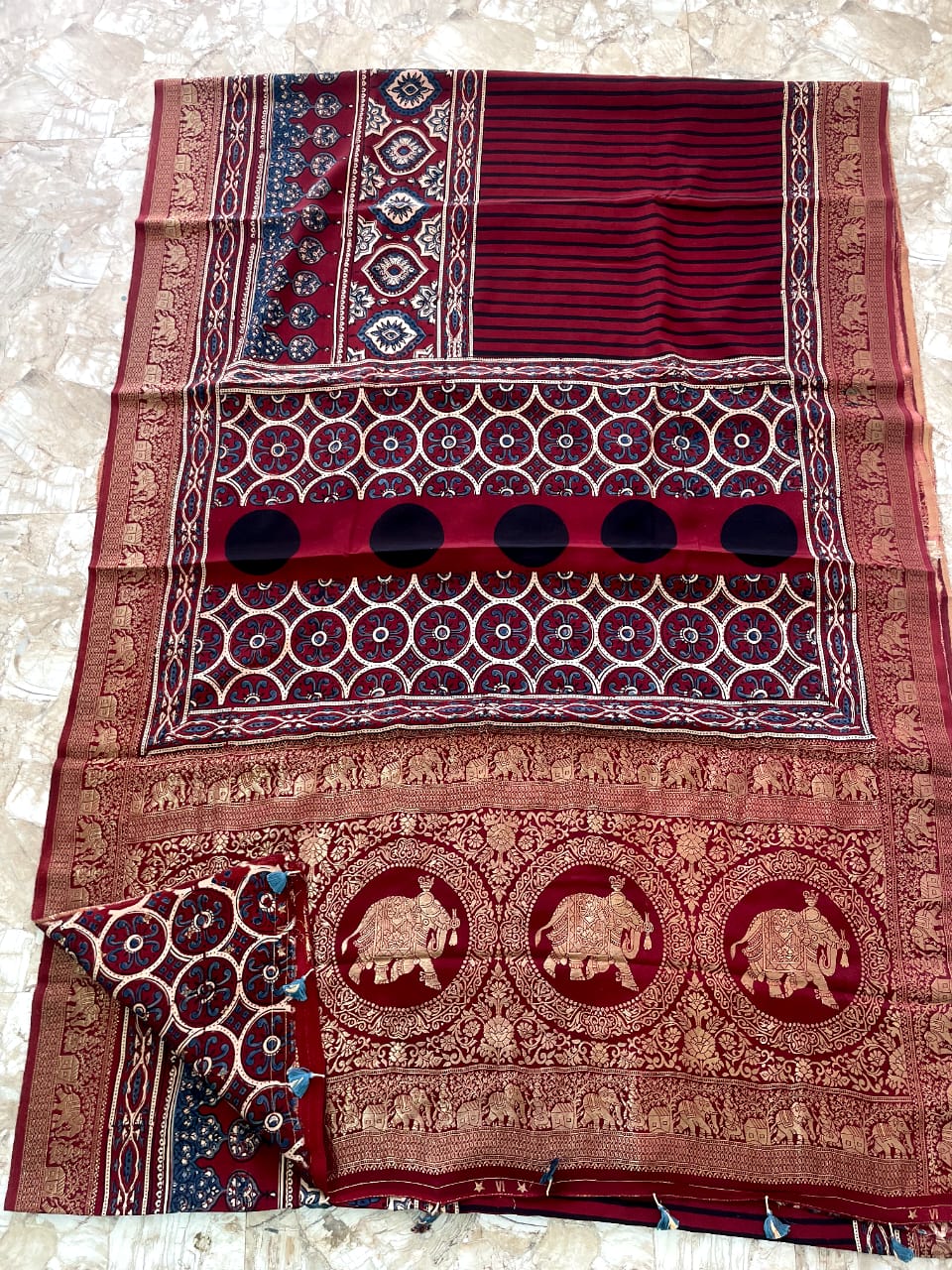 Dola Benarasi Pallu Ajrakh Hand Block Print Saree | Authentic Handloom Elegance