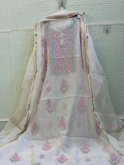 Mul Mul Chanderi Suit Set – Kurta & Dupatta | Fine Chikan Work | Colour-Dyeble Fabric