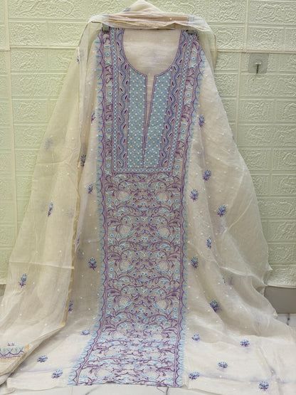 Fabric Mul Mul Chanderi Suit Set – Kurta & Dupatta | Chikan Fine Work | Colour Thread Embroidery | Pearl & Cuttdhana Detailing | Dyeable Fabric