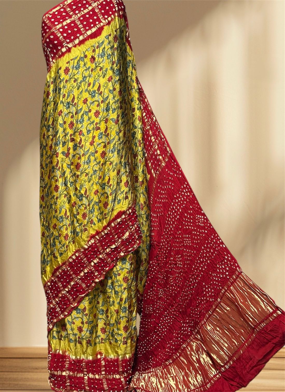 Kalamkari Bandhej Modal Silk Saree with Heavy Tissue Pallu | Digital Print Natural Dye |