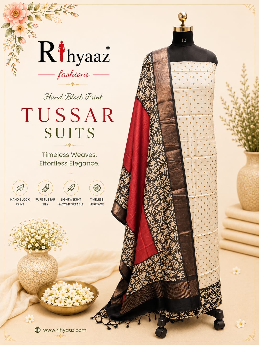 Shringar Handblock Printed Tussar Suit with Zari Border Dupatta