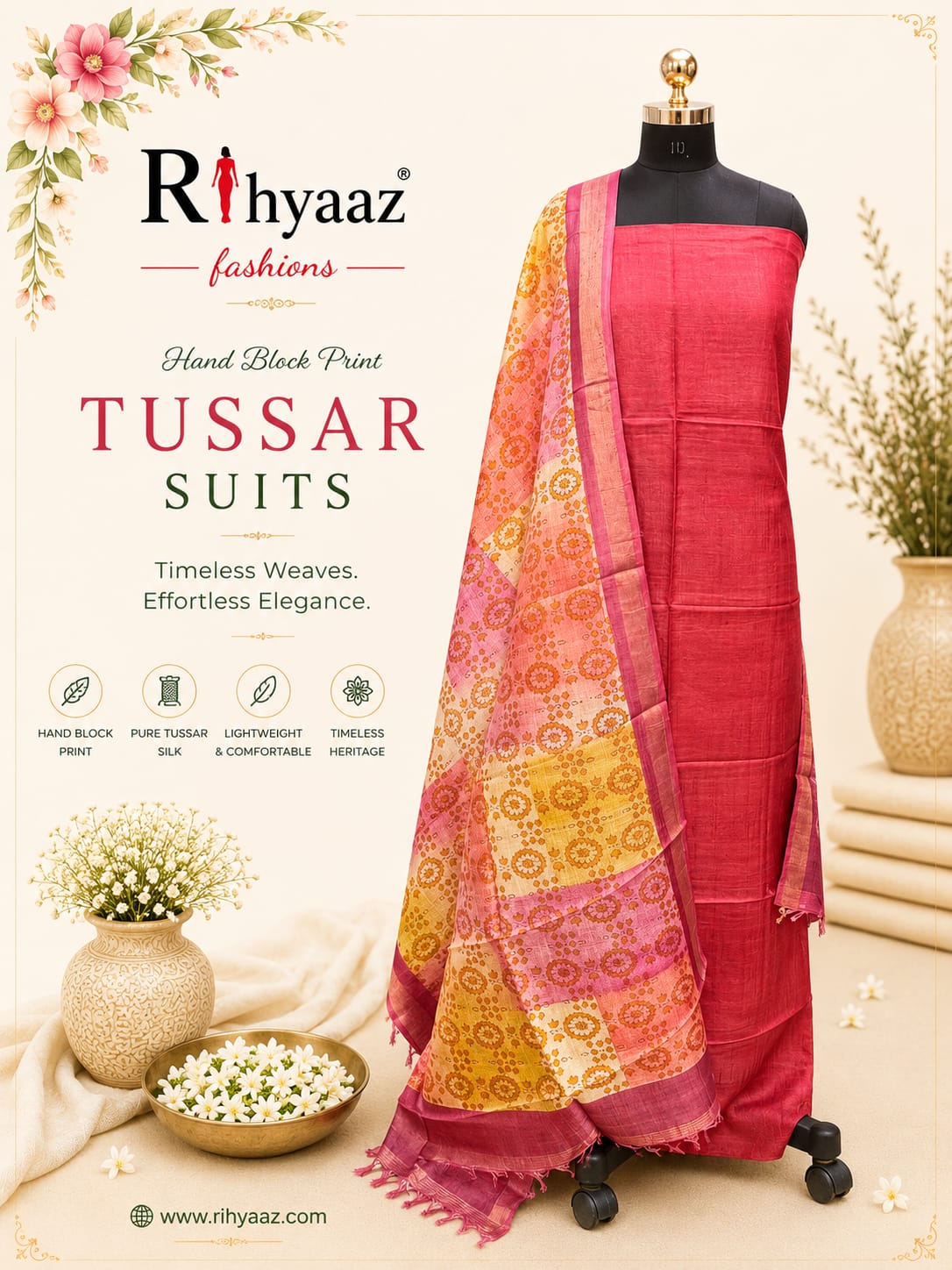 Shringar Handblock Printed Tussar Suit with Zari Border Dupatta