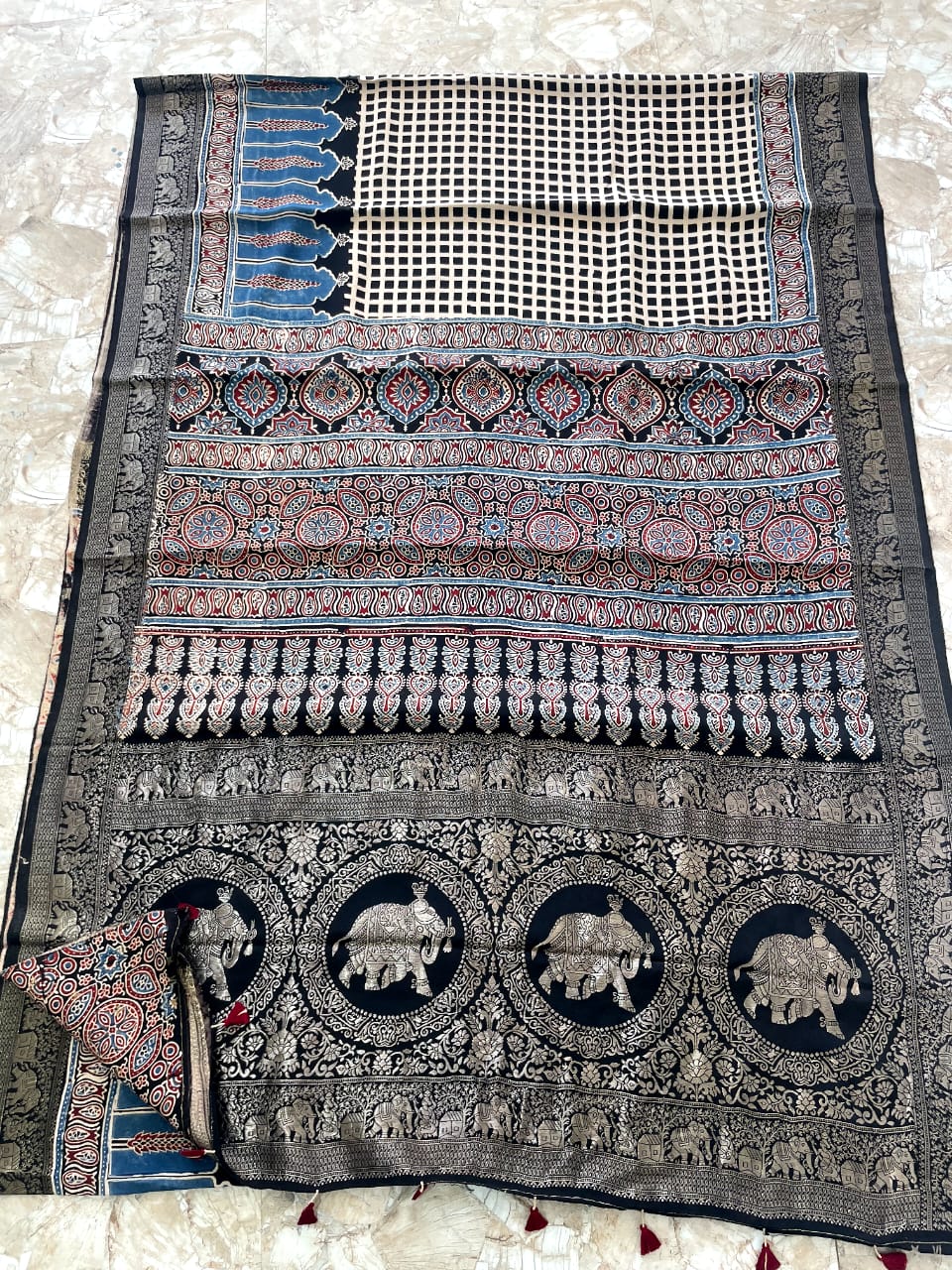 Dola Benarasi Pallu Ajrakh Hand Block Print Saree | Authentic Handloom Elegance