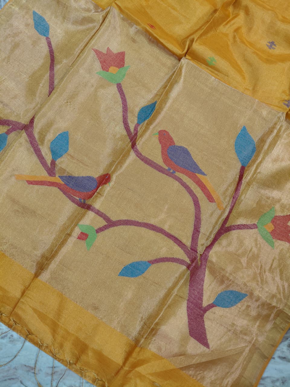 Rai festive collection pure cotton saree with zari tissue acrylic detailing and elegant Paithani pallu, paired with running blouse piece by Rihyaaz.