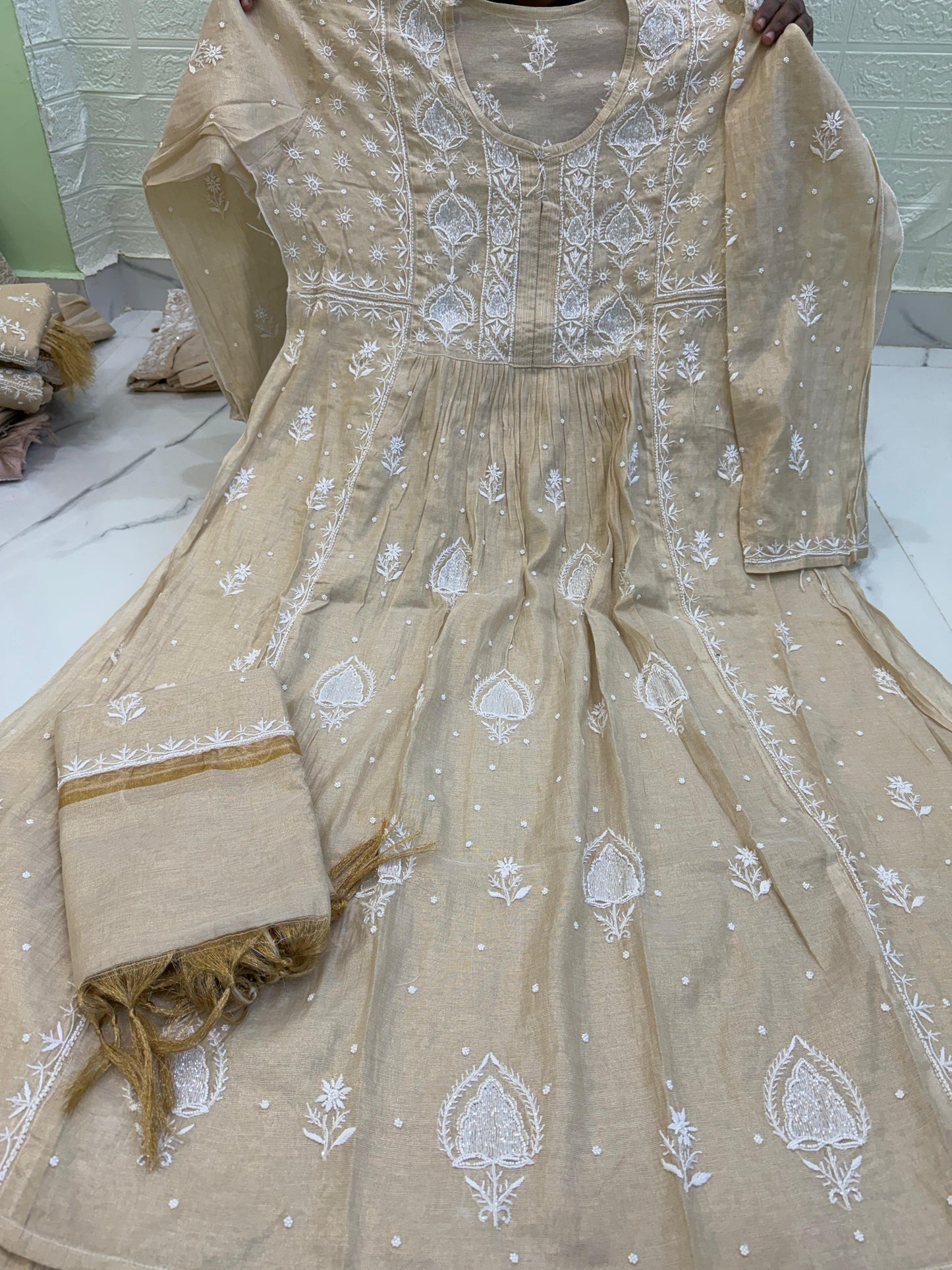 Fabric Tissue Chanderi Semi-Stitched Gown