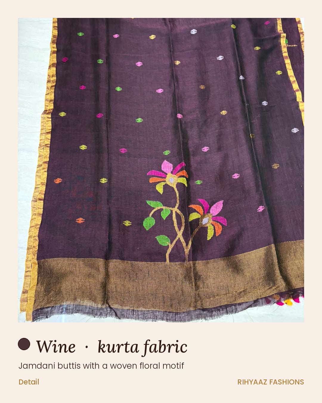 Gulmohar wine linen needle-weaved Jamdani suits by Rihyaaz Fashions, showcasing elegant traditional weaving and sophisticated Indian ethnic wear for women.