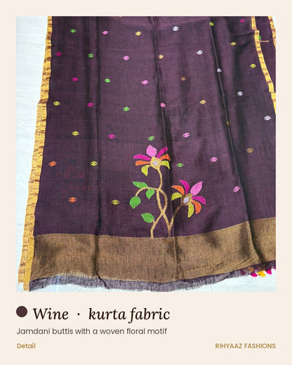 Gulmohar wine linen needle-weaved Jamdani suits by Rihyaaz Fashions, showcasing elegant traditional weaving and sophisticated Indian ethnic wear for women.