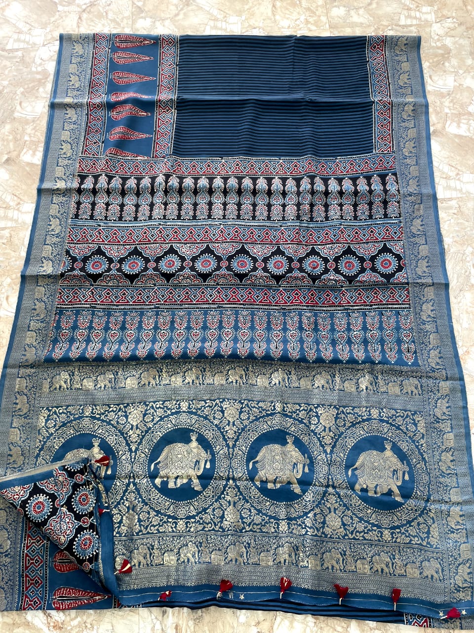 Dola Benarasi Pallu Ajrakh Hand Block Print Saree | Authentic Handloom Elegance