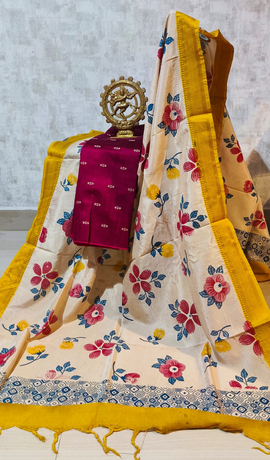 Ikkat Raw Silk Unstitched Dress Material with Kalamkari Dupatta