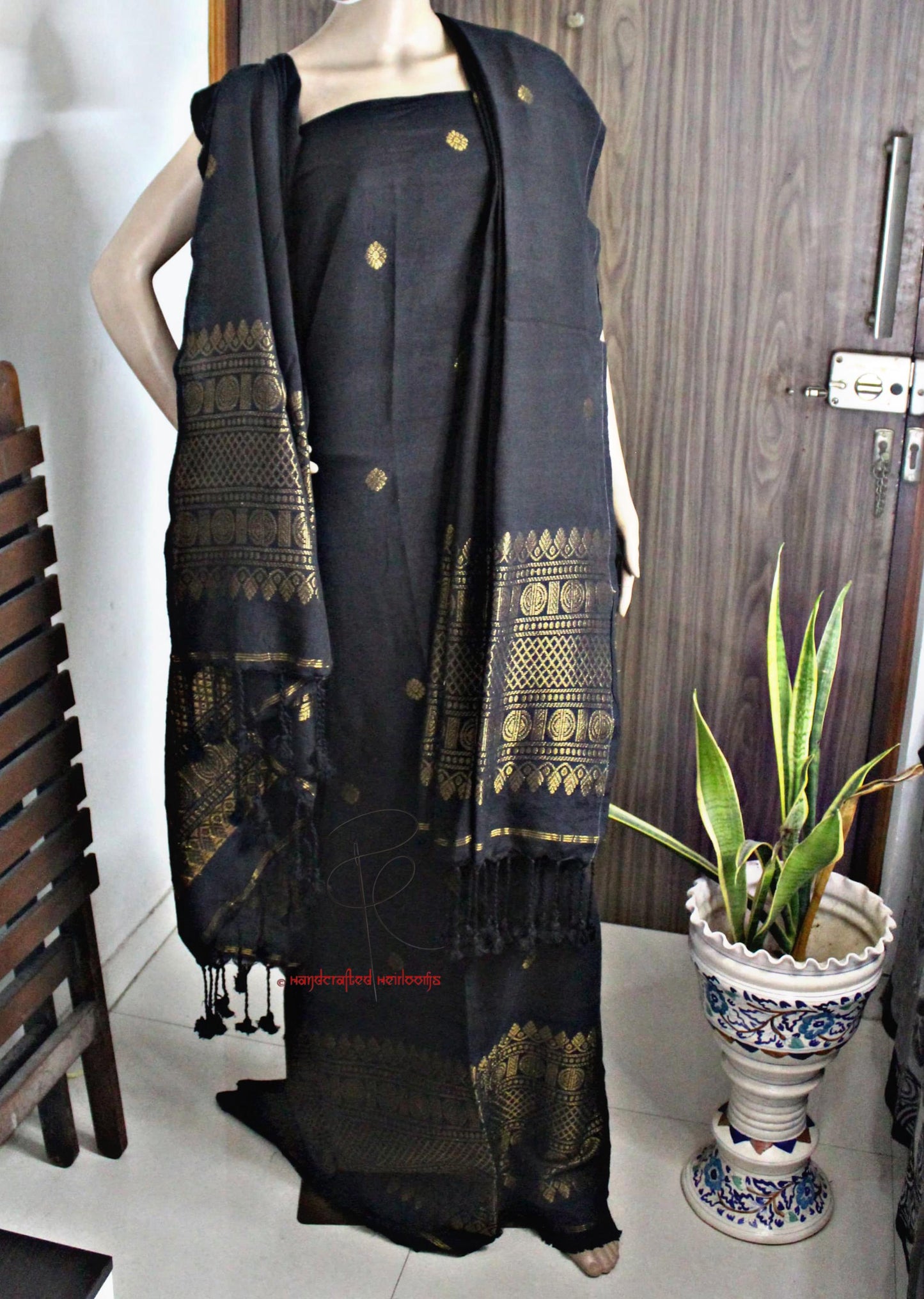 Ramya- Premium Textured Linen Suit with Madurai Border Top & Dupatta | Elegant Handwoven Craft