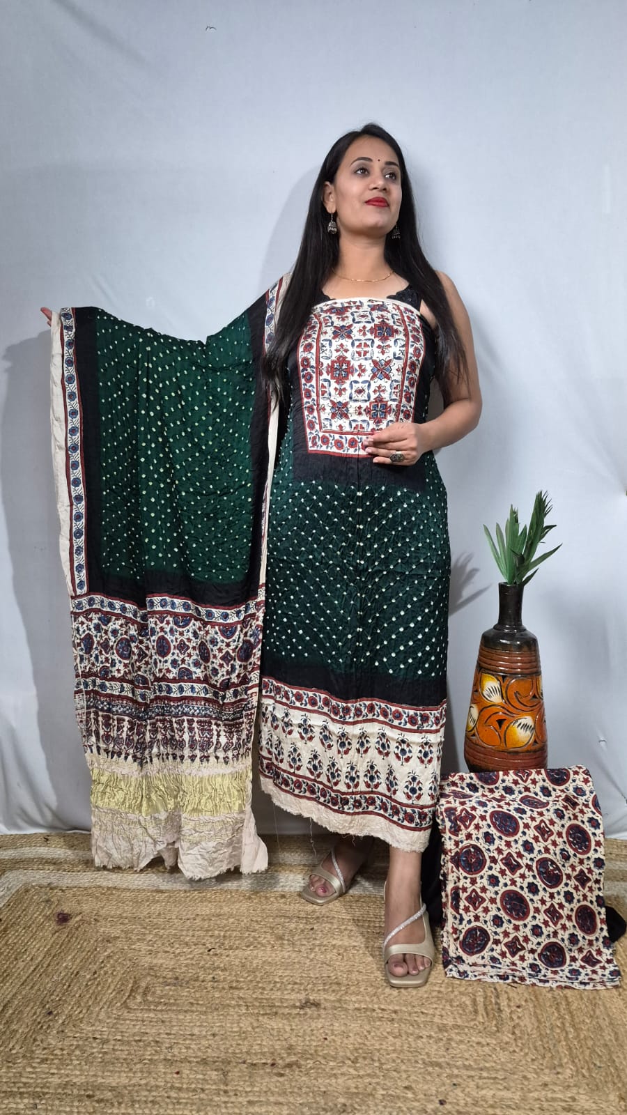 Modal Silk Ajrakh Bandhani 3-Piece Suit Set