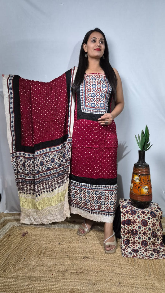 Modal Silk Ajrakh Bandhani 3-Piece Suit Set