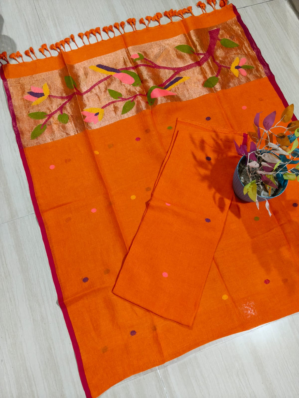 Moh orange pure Jayshree by Jayshree Paithani palla linen suit by Rihyaaz Fashions, premium handwoven Indian ethnic wear