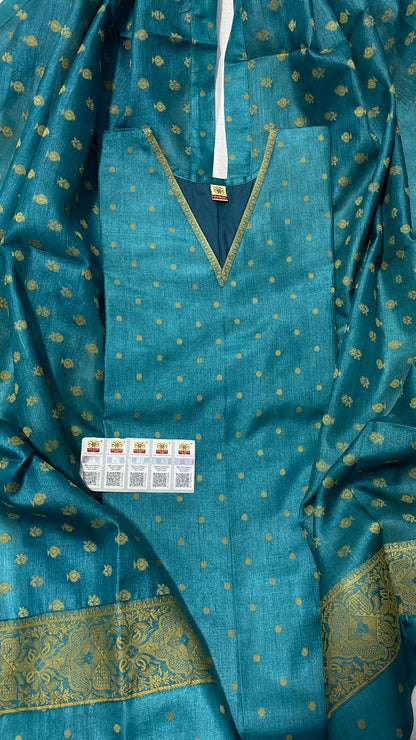 Pure Tussar Silk Handwoven Dress Material Set | Semi-Stitched Kurta with Handwoven Tussar Dupatta