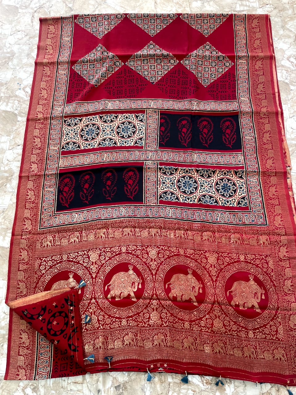 Dola Benarasi Pallu Ajrakh Hand Block Print Saree | Authentic Handloom Elegance