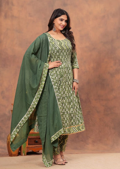 A-Line Anarkali Kurti Pant Set With Dupatta - Bagru Hand Block Printed | Pure Cotton Fabric | Customisable Sizes