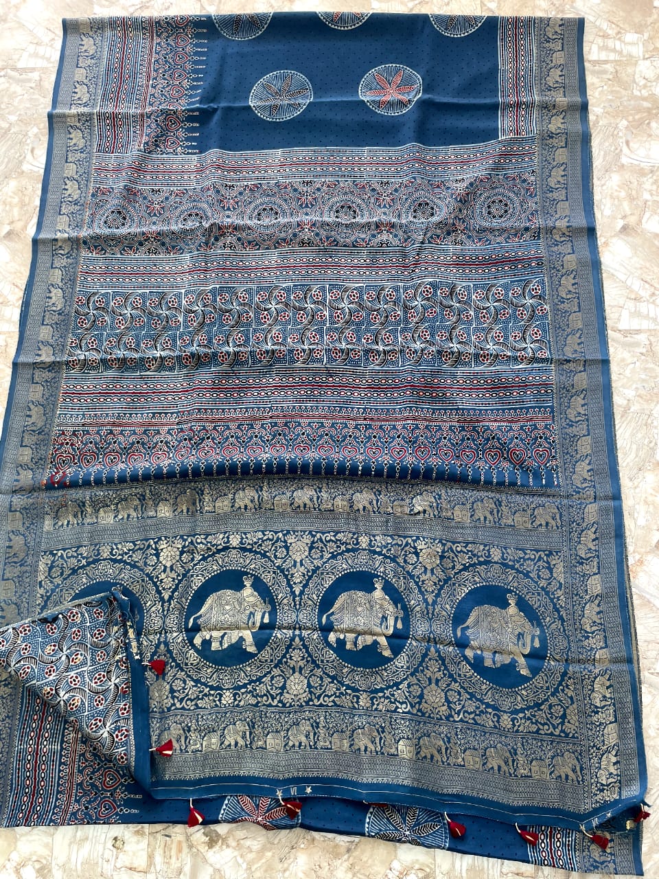 Dola Benarasi Pallu Ajrakh Hand Block Print Saree | Authentic Handloom Elegance