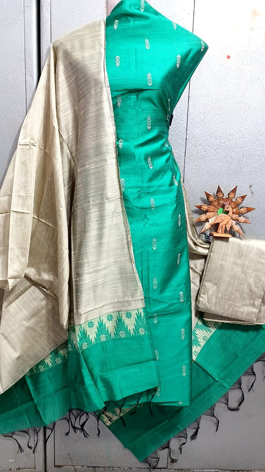 Semi Raw Silk Buta Design Unstitched Dress Material Set
