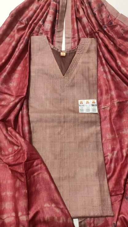 Pure Tussar Silk Handwoven Dress Material Set | Semi-Stitched Kurta with Handwoven Tussar Dupatta