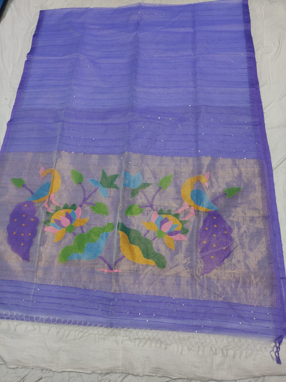 𝓞𝓭𝓱𝓪𝓷𝓲 – Muslin Silk Pathani Weave Saree with All-Over Sequin Elegance