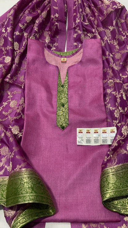 Pure Tussar Silk Handwoven Dress Material Set | Semi-Stitched Kurta with Handwoven Tussar Dupatta