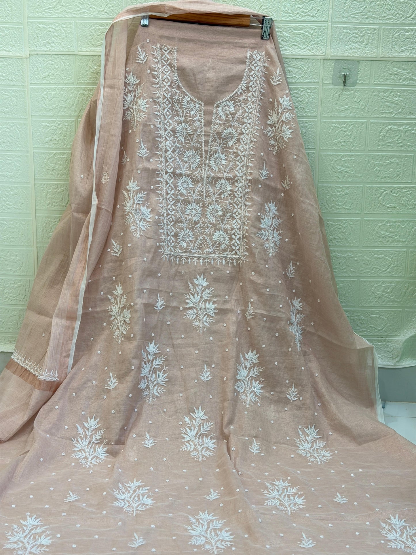 Fabric Rose Gold Tissue Chanderi Suit Set | Chikan Fine Work | Pearl & Cutdana Detailing | Dyeable Fabric