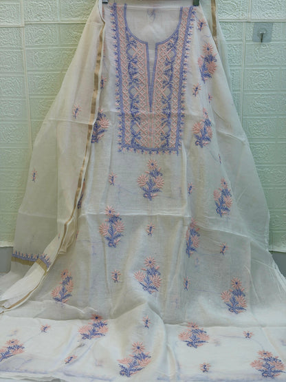 Mul Mul Chanderi Suit Set – Kurta & Dupatta | Fine Chikan Work | Colour-Dyeble Fabric