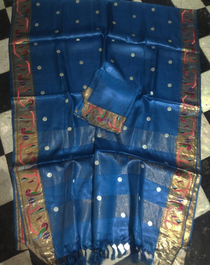Pure Handloom Tussar Silk Suit - Exquisite Embroidery Border | Premium Weave | Silk Mark Certified