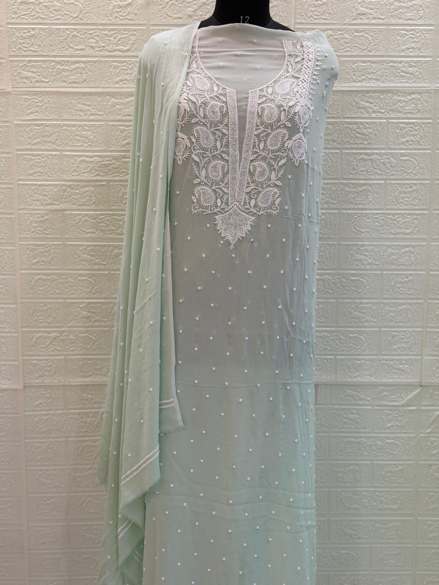 Viscose Georgette Suit Kurta Dupatta Set – Chikan Fine Work | Pearl & Cuttdhana Detailing | Dyeable Fabric