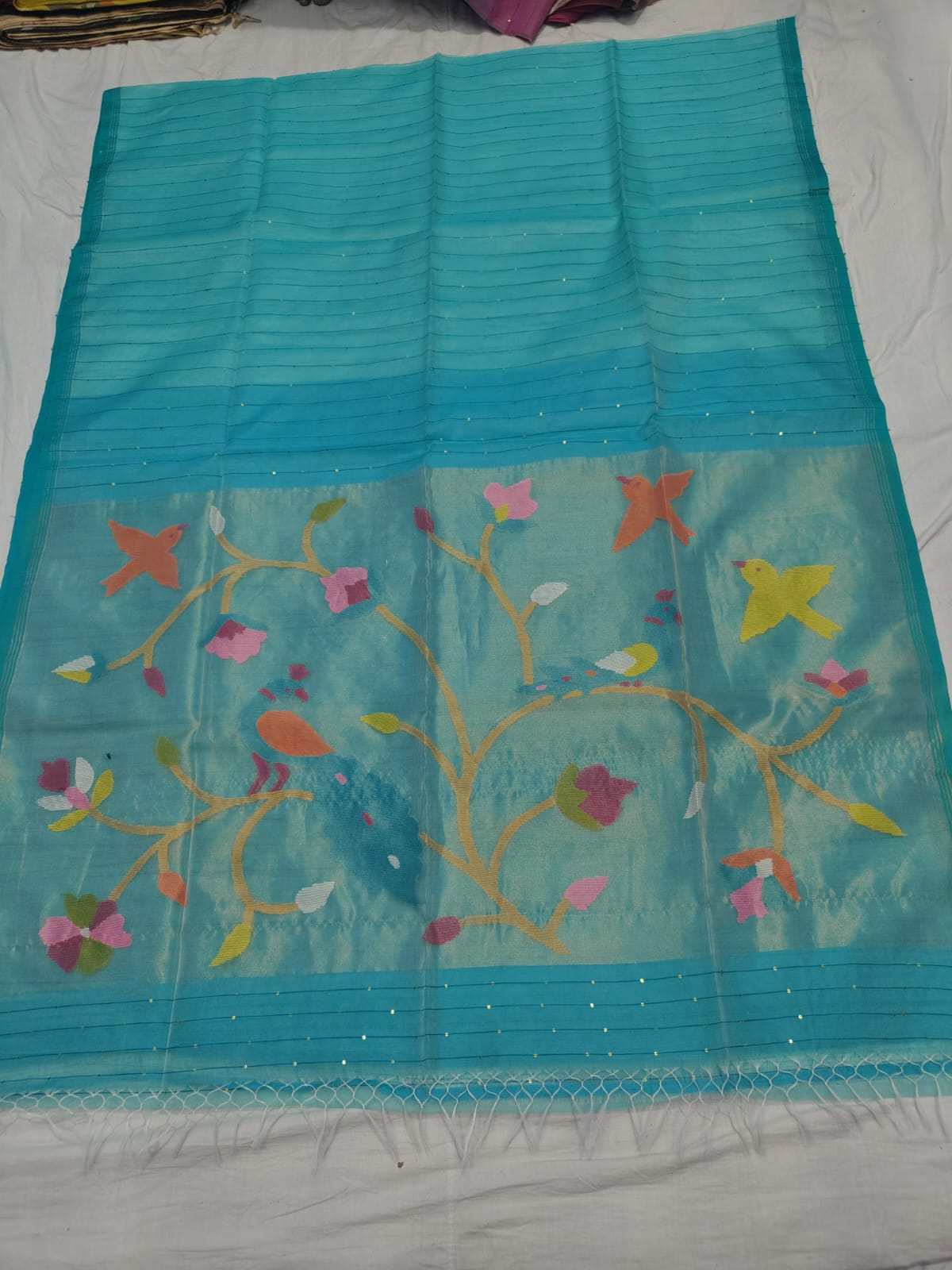 𝓞𝓭𝓱𝓪𝓷𝓲 – Muslin Silk Pathani Weave Saree with All-Over Sequin Elegance