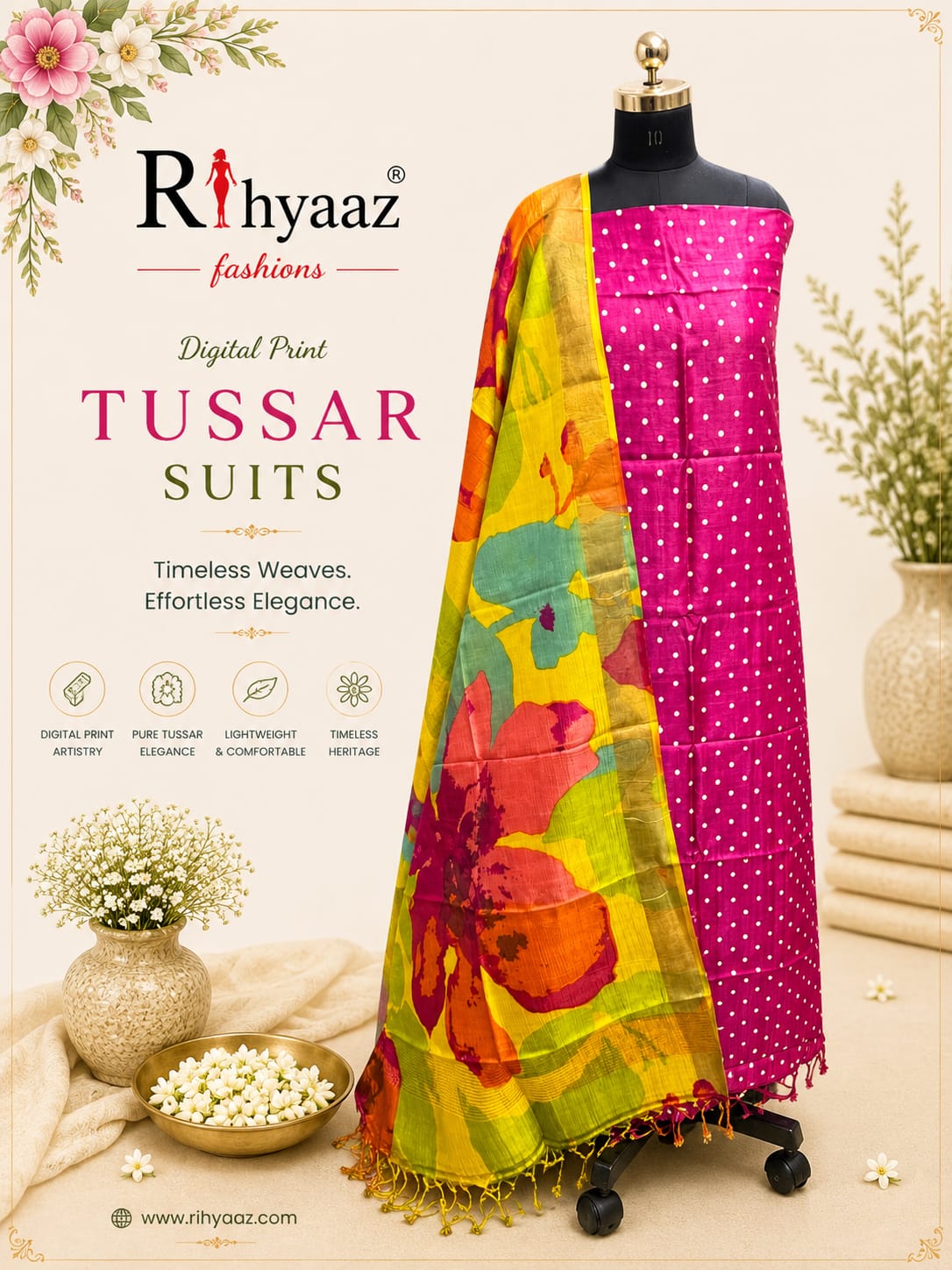 Mahi – Zari Tussar 4 Ply Digital Print Suit Set | Rihyaaz