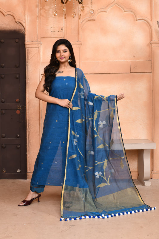 𝑺𝒘𝒂𝒓𝒏𝒂𝒍𝒂𝒕𝒂 – Muslin Silk Zari Jaal Dupatta Polka Weaved Suits | Premium Handwoven Elegance