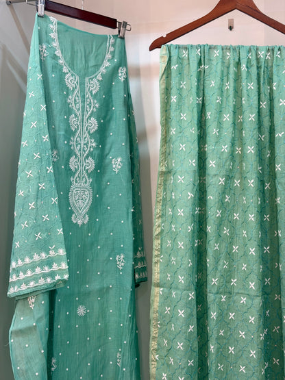 Pure Mulmul Chanderi Chikankari Straight Suit Set with Heavy Resham Jaal Work | Semi-Stitched | Rihyaaz
