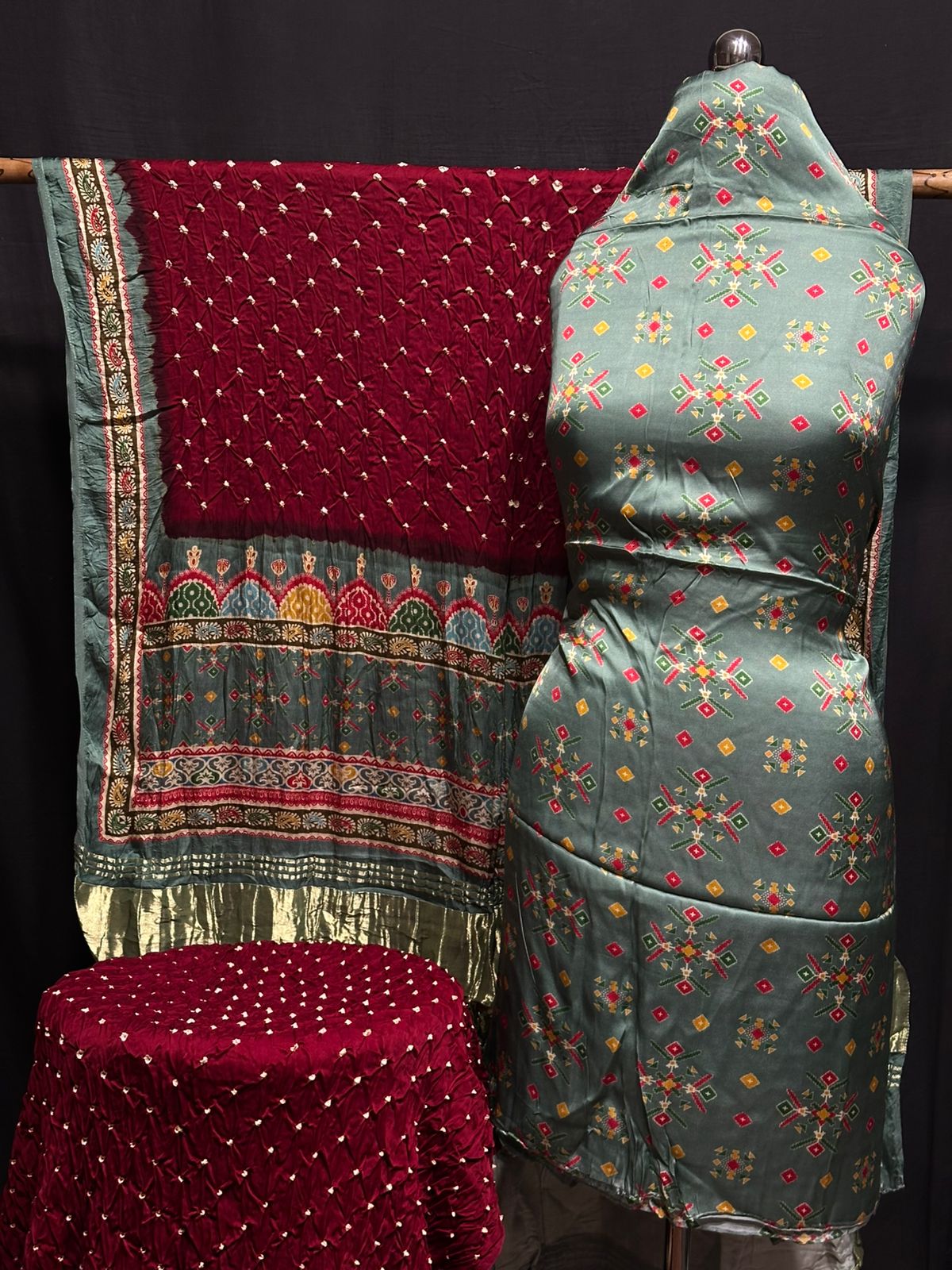 Kalamkari Bandhej 3-Piece Suit – Premium Modal Silk Elegance