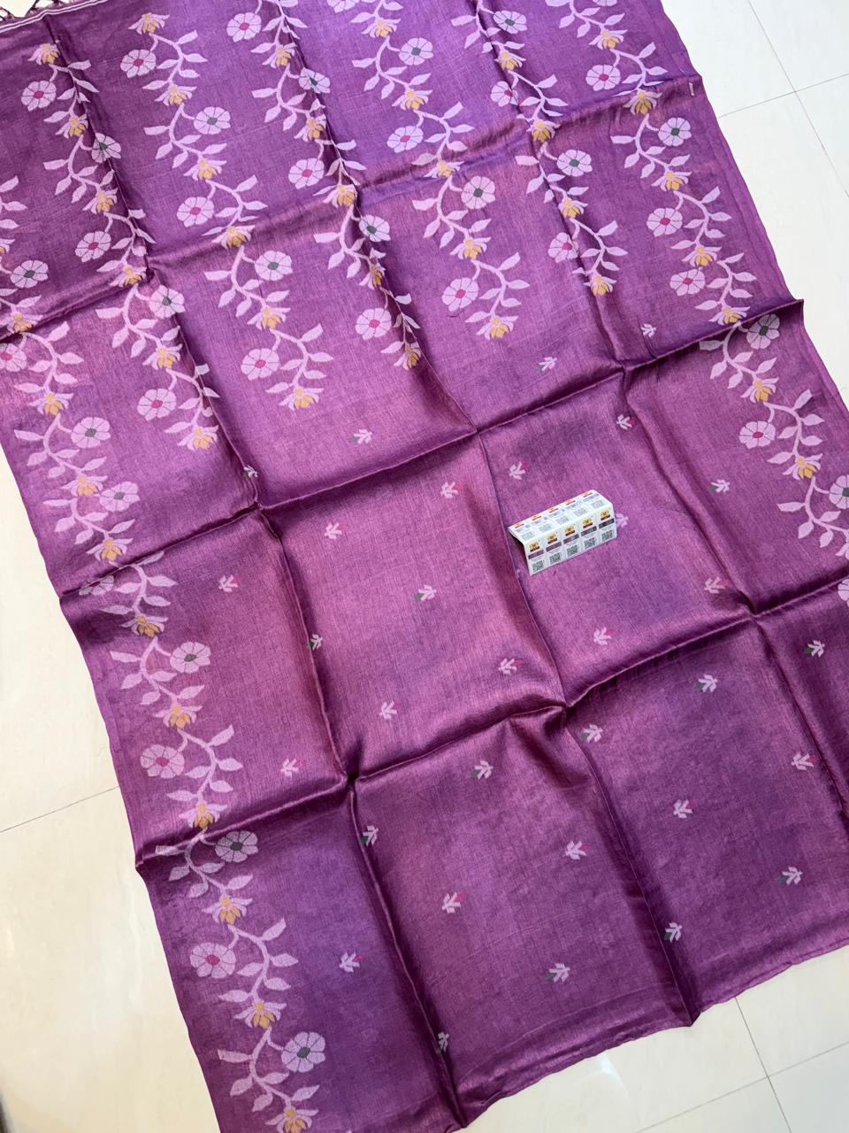 Rihyaaz Purple authentic pure Gachhi 2-ply Tussar Jamdani saree with PL weaving, unique all-over butti work, Silk Mark certified tag and running blouse piece.