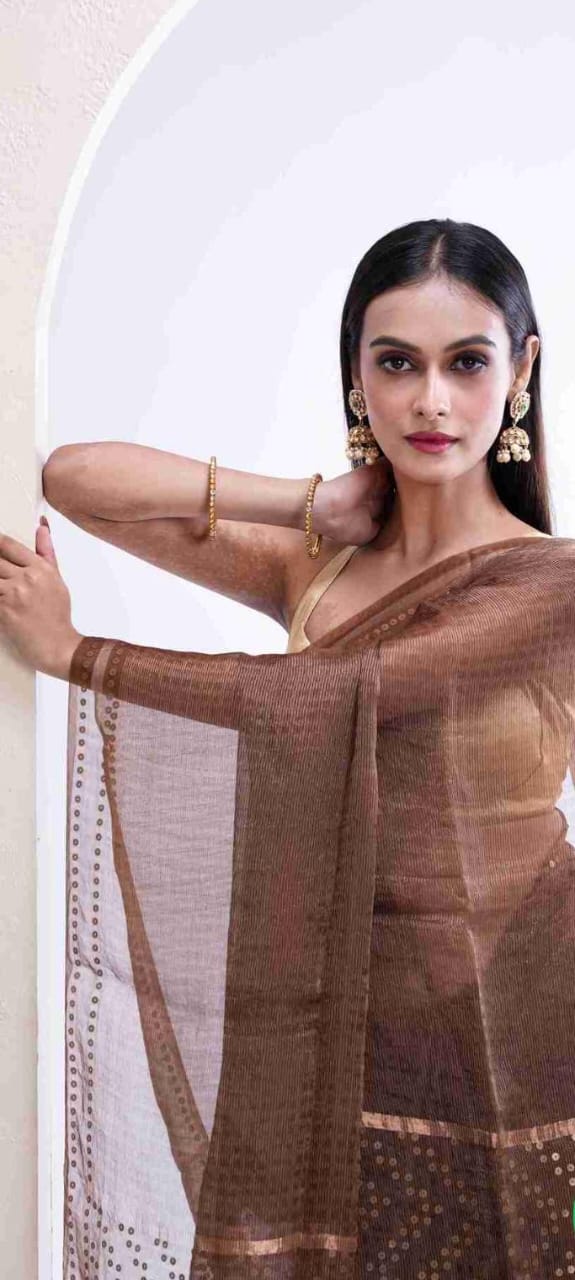 Shama Pure Resham festive saree with dual silver and golden zari stripes, sequin work on palla and border, paired with Pure Matka blouse piece by Rihyaaz.